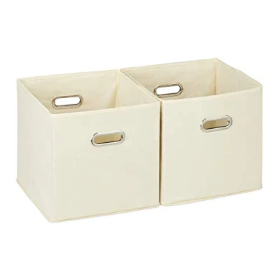 Image of Relaxdays Storage Box Set of 2, No Lids, With Handles, Folding, Square Shelf Bins, 30 cm, Beige