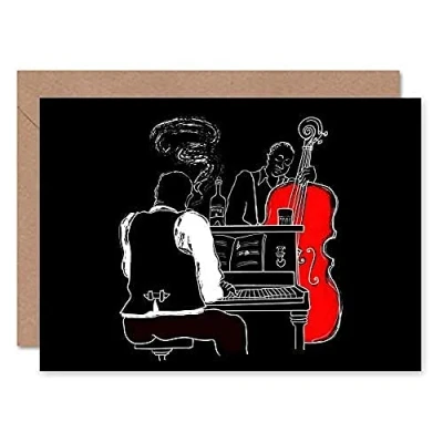 Image of Wee Blue Coo Musicians Jazz Piano Illustration Greeting Card With Envelope Inside Premium Quality