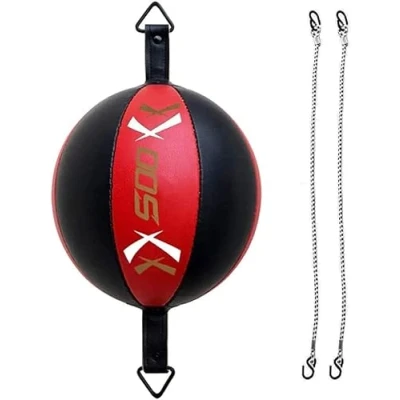 Image of Leather Double End Dodge Speedball Bag MMA Boxing Training Floor to Ceiling Punch Punching Speed Ball Trainer (Red/Black)