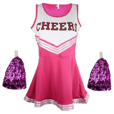 Image of Cheerleader Costume Women Fancy Dress Uniform High School Outfit with Pom Poms Pink Cheerleader, Ladies XXL