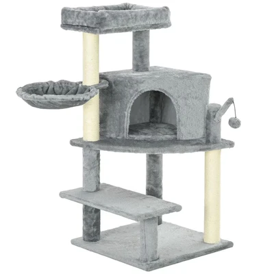 Image of PawHut Cat Tree Tower for Indoor Cats Scratching Post 100cm Climbing Frame Kitten Activity Centre with Sisal Condo Hammock Bed Hanging Toy, Grey