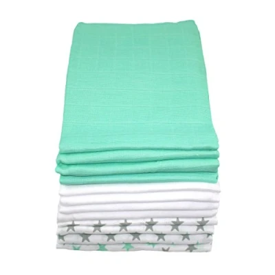 Image of MuslinZ 12 Pack Muslin Cloths 70 x 70cm 100% Pure Cotton Burp Dribble Cloth Reusable Nappy Multi use Squares. (Mint Star Combo)