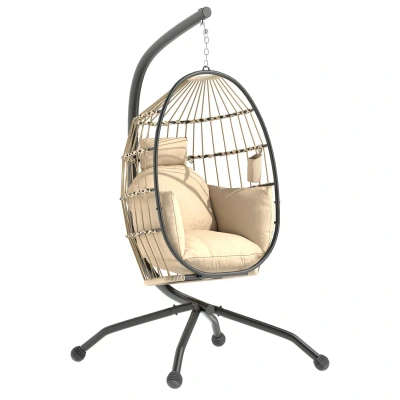 Image of Outsunny Hanging Egg Chair Outdoor Indoor Garden Swing with Folding Basket and Thickened Cushion, Stand, Headrest, Cup Holder for Patio, Balcony, Khaki