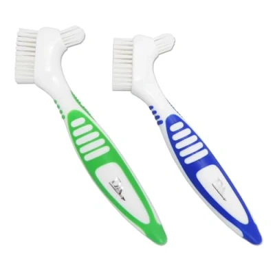 Image of 2 x Denture Brushes Rubber Grips, Easy Hold Handle, Double Bristle Head (Blue &amp; Green, One Size)