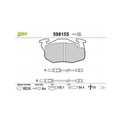 Image of 8660004650, 8671016561 Brake pad set VALEO 598155 Front Axle incl. wear warning contact without anti squeak plate PEUGEOT: 306 Hatchback