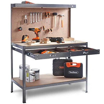 Image of VonHaus Garage Work Bench with Pegboard Metal and Wooden Workbenches Suitable for Most Equipment Workbench Containing Storage Drawer, Shelf 20 Hooks 230kg Capacity