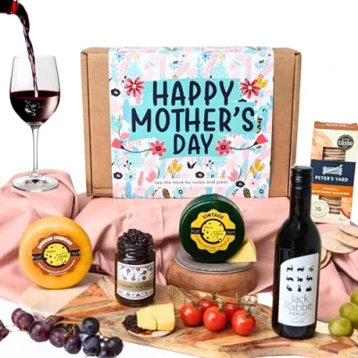 Image of Mother’s Day Cheese &amp; Red Wine Gift Hamper Gourmet Food, Foodies, Cheddar, Crackers Chutney Set for Mum (Red Box)