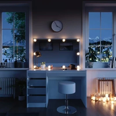 Image of Vicco Vanity table Sherry, White, 120 cm with LED lighting and stool