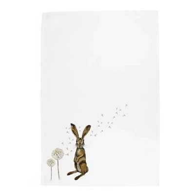 Image of Purely Home Hares &amp; Dandelions Tea Towel Large Floral Wildlife Panama Cotton Kitchen Dish Towel/Drying Cloth 67cm x 45cm