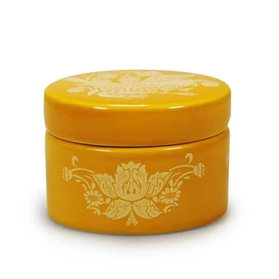 Image of Half Moon Bay Strawberry Thief by ACS William Morris Quince Yellow/White 3 x 2.5 Inch Stoneware Decorative Trinket Box