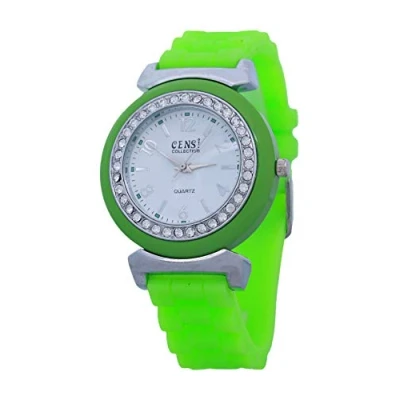 Image of Censi Women&#039;s Diamante Bezel Green Silicone Strap Analog Wrist Watch Quartz Buckle Clasp Extra Battery
