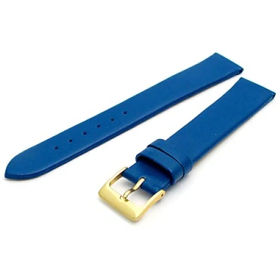 Image of Fine Calf Leather Watch Strap Band 20mm Extra Long XL Mid Blue with Gilt (Gold Colour) Buckle. Free Spring Bars (Watch Pins)