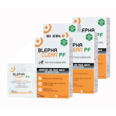 Image of 80 Blephaclean PF Daily Eyelid Wipes Gentle Cleansing for Eyelids and Skin Around the Eyes Suitable Babies (over 3 months old), Children Adults 20 Sterile Plastic Free x 4 packs