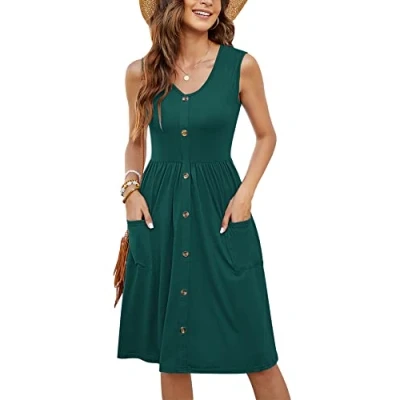 Image of Molerani Summer Dress for Women Sleeveless Ladies V Neck Beach Swing Button Midi Sundress with Pockets Dark Green, Size 12 14