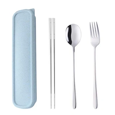 Image of SBOMHS 18/10 Stainless Steel Outdoor Cutlery set with Portable Case, Silver Chopsticks Spoon Fork for School Home Office Camping Travel