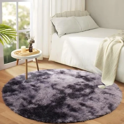 Image of Hafaa Round Rugs Living Room Fluffy Shaggy Dark Grey Area for Bedroom 120x120cm Anti Slip Modern Super Soft Thick Pile Plush Carpet Non Shedding Easy To Clean Rug, Tye Dye