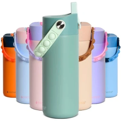 Image of Elemental Insulated Kids Water Bottle, Stainless Steel Bottle with Straw Lid &amp; Pop It Handle, Leak Proof Bottles for School, Boys or Girls, Travelling and Sports, 18oz Sage
