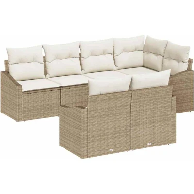 Image of vidaXL 7 Piece Garden Dining Set with Cushions Beige Poly Rattan