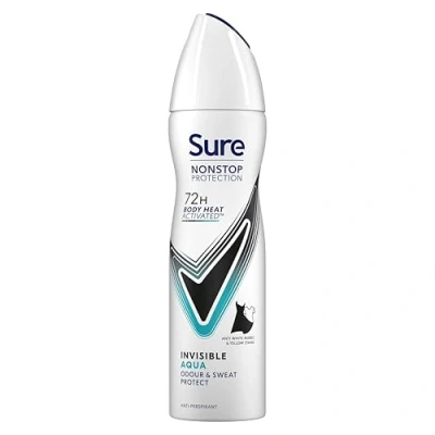 Image of Sure Invisible Aqua Nonstop protection Deodorant spray that protects against white marks and yellow stains Anti perspirant Aerosol 72h sweat odour 150 ml