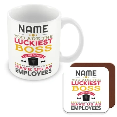 Image of MUGGZ Personalised Novelty Funny Gift for Boss You are The Luckiest in World Mug &amp; Coaster Giftset Made UK
