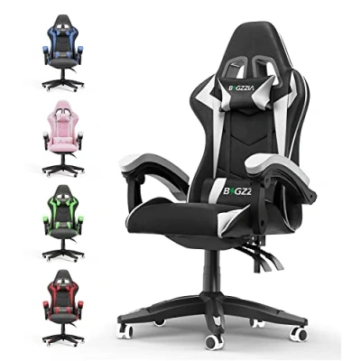 Image of bigzzia Ergonomic Gaming Chair Gamer Chairs with Lumbar Cushion + Headrest, Height Adjustable Office &amp; Computer for Adults (without footrest, White)