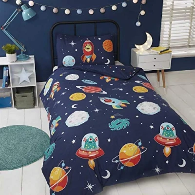 Image of Rapport Home Kids Space and Aliens 3 Piece Double Duvet Cover Set Dark Blue Planets Galaxies Childrens Bedding