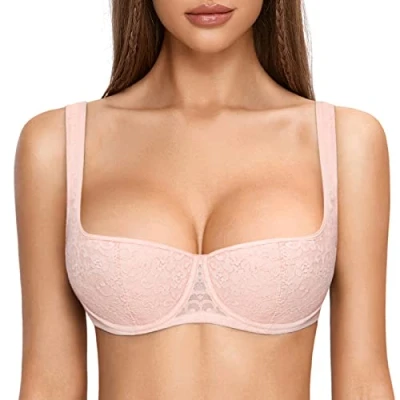 Image of DOBREVA Women&#039;s Push Up Bra Sexy Balconette Padded Half Cup Lace Underwired Gentle Rose (Cup Size is Small. Order 1 up.) 34D