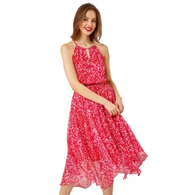 Image of Roman Originals Abstract Print Halter Neck Midi Dress for Women UK Ladies Everyday Holiday Spring Summer Comfy Soft Evening Vacation Work Party Red Size 20