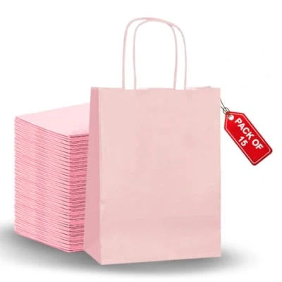 Image of paper party bags, bags with handles Pack of 15, Small carrier (Small Pink)