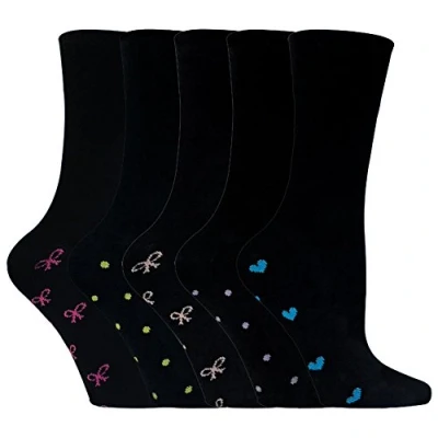 Image of Sock Snob 5 Pairs Mulitpack Womens/Ladies Black Cotton Socks with Heart &amp; Pink Bows Colour Motif Size 4 7 (4 8, Black)