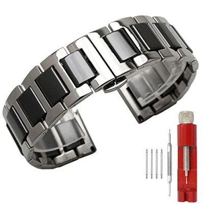 Image of Kai Tian 16mm Watch Band Stainless Steel Silver Bracelet Double Buckle Black Ceramic Strap Replacement Metal