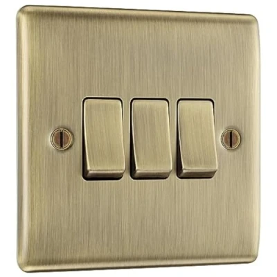 Image of BG Electrical Triple Wall Light Switch, 2 Way, Raised and Slim Profile, Round Edges, Nexus Metal, Antique Brass, 20A, 16AX, NAB43