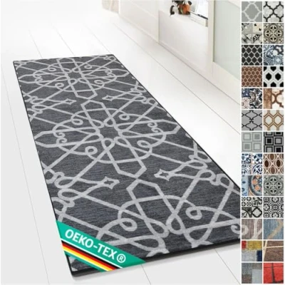 Image of Design Carpet Runner Rug Floor Mat, Non Slip Mat for Kitchen Hallway Living Room Bedroom Vintage Ornament Classic Modern (80 x 300 cm, Navelli Black)