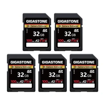 Image of Gigastone A2 V30 32GB SDHC Memory Card Pack of 5 Cards, 4K Extreme Camera, 100MB/s Speed, Compatible with Canon Nikon Sony Panasonic U3 UHS I C10 Camera for UHD Video, Mini Cases