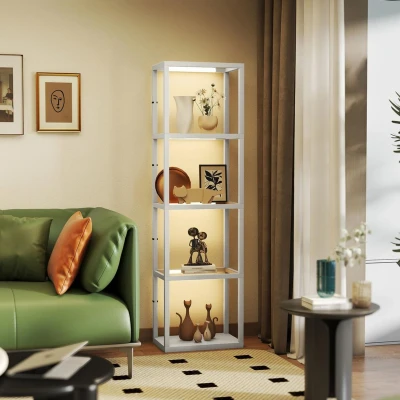 Image of HOMCOM LED Floor Lamp with Glass Shelves, 4 Layers Dimmable Tall Standing Lamp, Modern Column Shelf Light for Living Room, Bedroom, Office, Grey