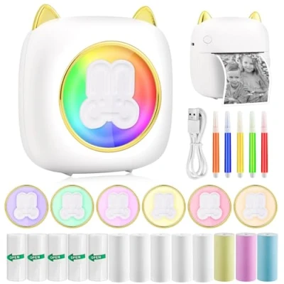 Image of GuKKK Mini Printer, Mobile Photo Portable Wireless Thermal with 13 Rolls of Printer Paper and 5 Colouring Pencils, Smartphone Bluetooth