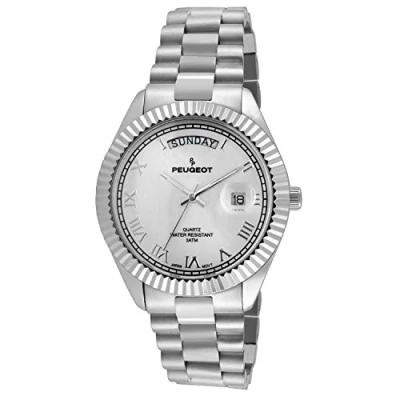Image of Peugeot Stainless Steel Big Face Luxury Watch with Day Date Windows, Roman Numerals &amp; Coin Edge Fluted Bezel Watch, Silver, No Size, Japanese