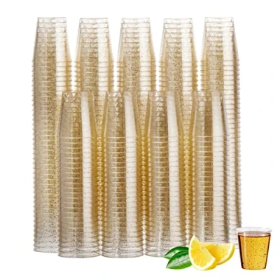 Image of MATANA 300 Clear Plastic Shot Glasses with Gold Glitter, 30ml Jelly Shots, Jello &amp; Tequila Sample Tasting Cups Birthdays, Weddings, BBQ, Parties Sturdy Reusable