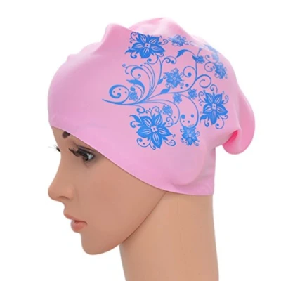 Image of Medifier Women Ladies Elastic Silicone Water Pool Swimming Hat Cap Ear Wrap for Long Hair Adults Flower Print (Pink)