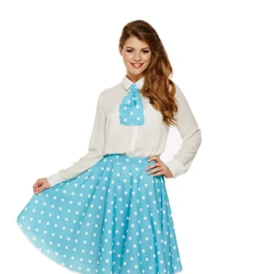 Image of HD Novelty Women&#039;s 50s Rock n Roll and 60s Fancy Dress Instant Set Polka Dot Skirt Necktie Combo (Blue)