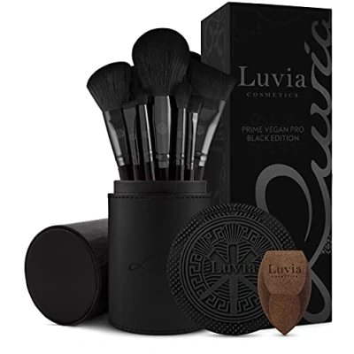 Image of Luvia Prime Vegan Pro Make Up Brush Set, Black, 12 Makeup Brushes Including Storage, Blender Sponge &amp; Cleaning Mat for Cosmetic Brushes, Black Rose Gold