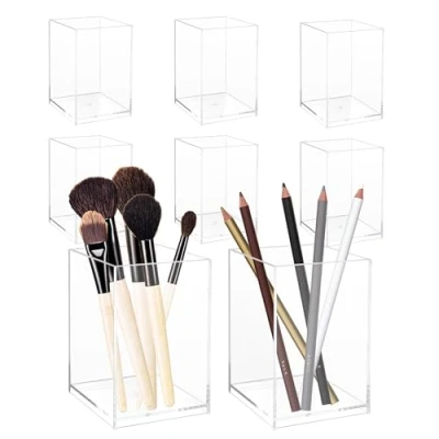 Image of YKUKIZEE 8Pcs Acrylic Pen Holder Clear, Square Pot, Transparent Pencil Cup for Desk Makeup Brush Stationery Organizer