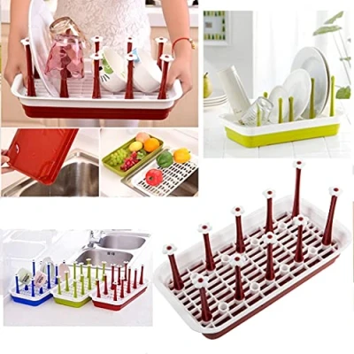 Image of HK Online Rectangle Dish Drainer Counter Top Rack, MUG &amp; BOTTLE Holder, Drip Tray, Vegetable Rack (RED Timer)