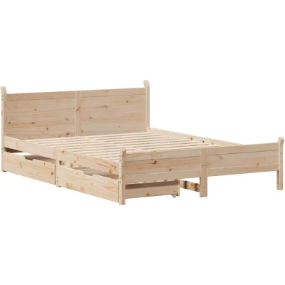 Image of vidaXL Double Solid Wood Pine Bed Frame 135x190 cm with Slatted Base and Storage Drawers, Brown
