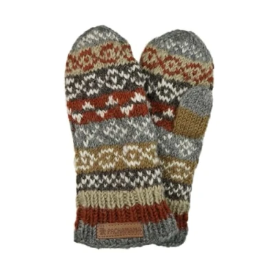 Image of Pachamama Women Wool Mittens Fleece Lined Handknitted Fairisle Multicoloured One Size Handmade Extra Warm Fair Trade (Wool, Grey)