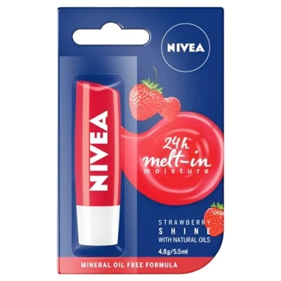Image of Nivea Lip Care 4.8 g Strawberry Nourishing Mineral Oil Free Tinted All Day Moisture Enriched with Extract, Shea Butter and Jojoba (Pack of 2)