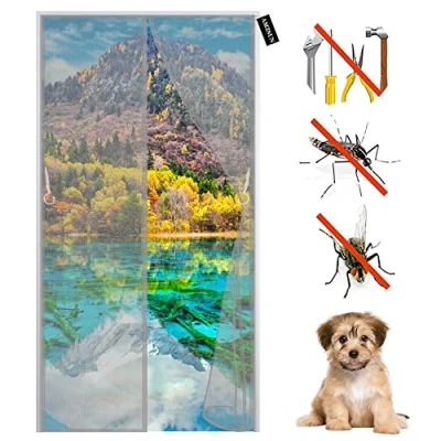 Image of Magnetic Fly Screen Door 100x235cm(39x93inch) Insect Protection Curtain Automatic Closing for Balcony Living Room Patio Adhesive Mounting,Washable Mesh,Grey
