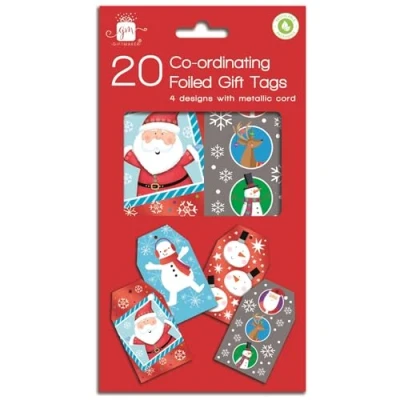 Image of Christmas Gift Tags Cartoon Cute Santa &amp; Friends Pack 20 Co Ordinating Foiled