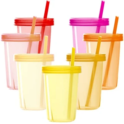 Image of Youngever 7 Sets Plastic Kids Cups with Lids and Straws, Reusable Toddler Straws in Pink Colors