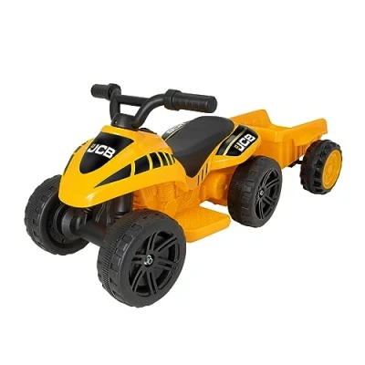 Image of JCB Battery Operated Mini Quad With Trailer Electric Powered Construction Ride On Car Includes Detachable Toys Along For Children Ages 3+